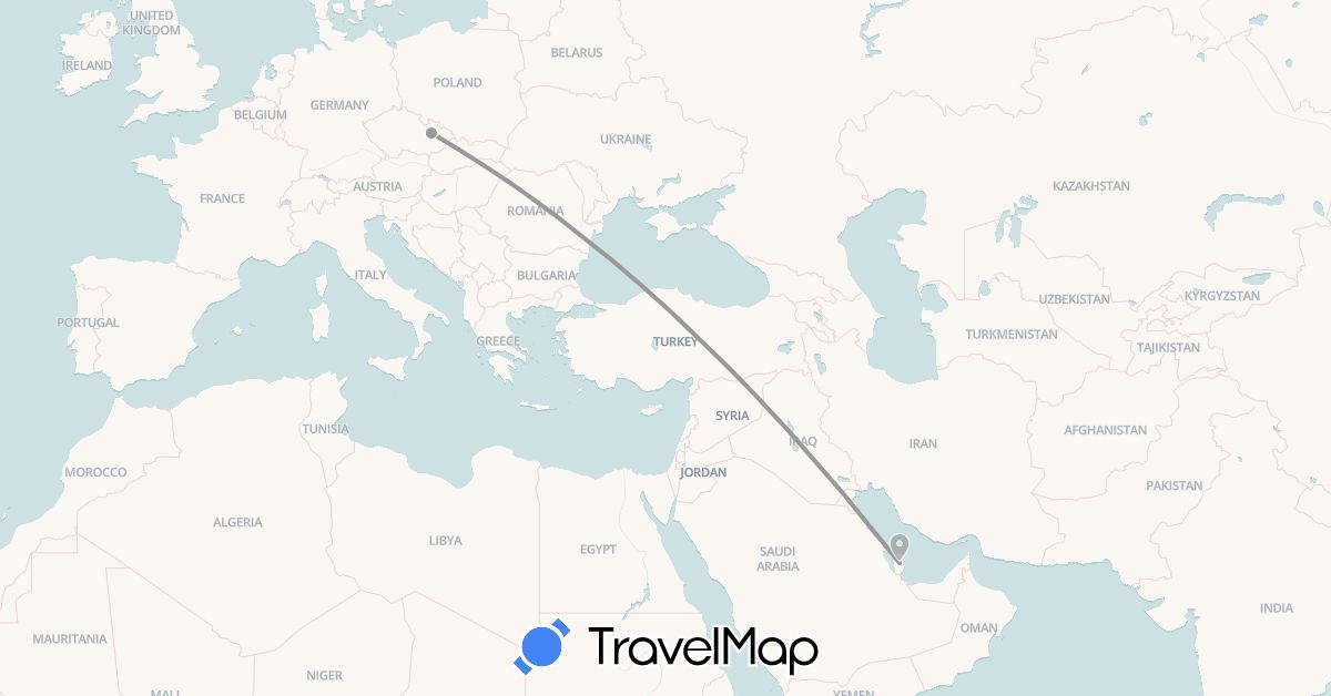 TravelMap itinerary: driving, plane in Czech Republic, Qatar (Asia, Europe)